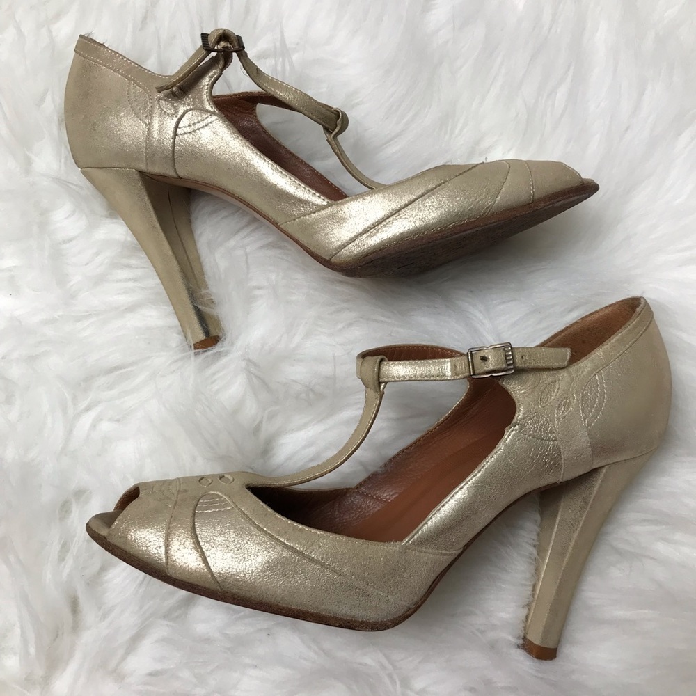 Authentic Marc Jacobs Gold Metallic Suede T-Strap Peep Toe Heels Size 7 Vintage